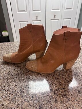 Women's Brown Leather Block Heel Ankle Boots with Embellished Toe